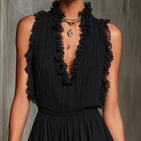 Black Ruffle Trim Pleated Chiffon Lace Jumpsuit