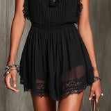 Black Ruffle Trim Pleated Chiffon Lace Jumpsuit
