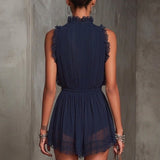 Navy Ruffle Trim Pleated Chiffon Lace Jumpsuit