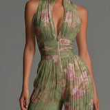 Green Floral V-neck Sleeveless Zip-up Pleated Wide-leg Chiffon Jumpsuit