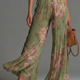 Green Floral V-neck Sleeveless Zip-up Pleated Wide-leg Chiffon Jumpsuit