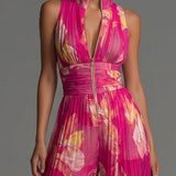 ESSENTIAL - Fuchsia Floral Pleated Chiffon Jumpsuit