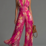 ESSENTIAL - Fuchsia Floral Pleated Chiffon Jumpsuit