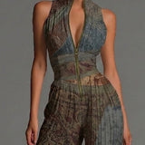 Bohemian Ethnic Print Sleeveless Zipper Pleated Wide-leg Chiffon Jumpsuit