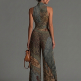 Bohemian Ethnic Print Sleeveless Zipper Pleated Wide-leg Chiffon Jumpsuit