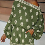 Baroque Print Off-Shoulder Lantern Sleeve Shorts Jumpsuit