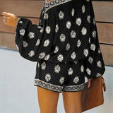 Baroque Print Off-Shoulder Lantern Sleeve Shorts Jumpsuit