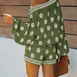 Baroque Print Off-Shoulder Lantern Sleeve Shorts Jumpsuit