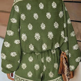 Baroque Print Off-Shoulder Lantern Sleeve Shorts Jumpsuit