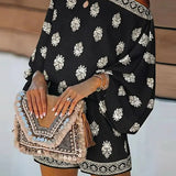 Baroque Print Off-Shoulder Lantern Sleeve Shorts Jumpsuit