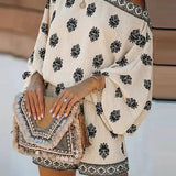 Baroque Print Off-Shoulder Lantern Sleeve Shorts Jumpsuit