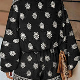 Baroque Print Off-Shoulder Lantern Sleeve Shorts Jumpsuit