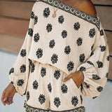 Baroque Print Off-Shoulder Lantern Sleeve Shorts Jumpsuit