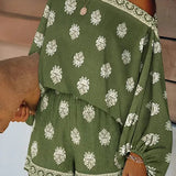 Baroque Print Off-Shoulder Lantern Sleeve Shorts Jumpsuit
