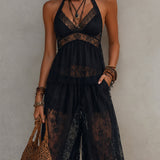 Black Backless Lace-trimmed Tank Top And Harem Pants Set