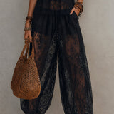 Black Backless Lace-trimmed Tank Top And Harem Pants Set