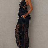 Black Backless Lace-trimmed Tank Top And Harem Pants Set