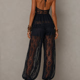 Black Backless Lace-trimmed Tank Top And Harem Pants Set