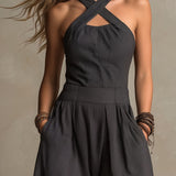 Boho Charcoal Crisscross Halter Pinstripe Wide-Leg Jumpsuit