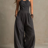 Boho Charcoal Crisscross Halter Pinstripe Wide-Leg Jumpsuit