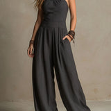 Boho Charcoal Crisscross Halter Pinstripe Wide-Leg Jumpsuit