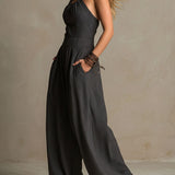 Boho Charcoal Crisscross Halter Pinstripe Wide-Leg Jumpsuit