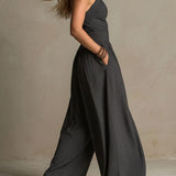 Boho Charcoal Crisscross Halter Pinstripe Wide-Leg Jumpsuit