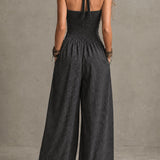 Boho Charcoal Crisscross Halter Pinstripe Wide-Leg Jumpsuit