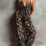 Black Animal Print Halter-neck Loose-fitting Chiffon Wide-leg Jumpsuit