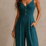 Bohemian Blue-green Lace-trimmed Slit Wide-leg Jumpsuit