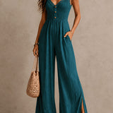Bohemian Blue-green Lace-trimmed Slit Wide-leg Jumpsuit