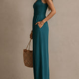Bohemian Blue-green Lace-trimmed Slit Wide-leg Jumpsuit
