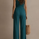 Bohemian Blue-green Lace-trimmed Slit Wide-leg Jumpsuit