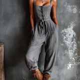 Gray Suspender Square Neck Button Front Placket Belted Jumpsuit