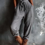 Gray Suspender Square Neck Button Front Placket Belted Jumpsuit