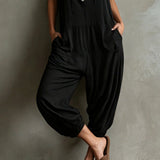 Black Casual Sleeveless Hooded Loose Lantern Jumpsuit