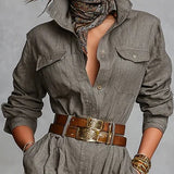 Cotton And Linen Blended Long Sleeve Shirt Jumpsuit