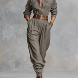 Cotton And Linen Blended Long Sleeve Shirt Jumpsuit