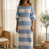 Bohemian Stripe Resort Sky Blue Off-Shoulder Knit Maxi Dress