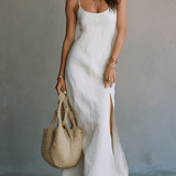 Elegant White Minimal Strappy Slit Maxi Dress