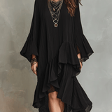 Elegant Asymmetric Ruffle Black Boho Midi Dress
