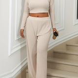 Stylish White Plus Size Ribbed Top and Pants Set for Women - Krystal Collection