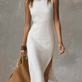 Stand-collar Split-hem Cotton And Linen Midi Dress