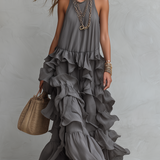 Elegant Grey Romantic Layered Ruffle Long Dress