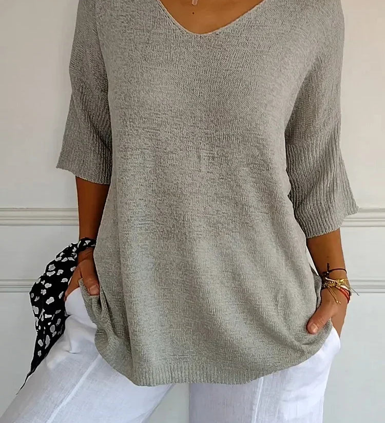 Mia™ - Cozy Top with Knitted V-Neck