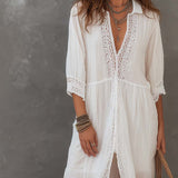 Vintage Lace-trimmed Cotton Linen Shirt Midi Dress