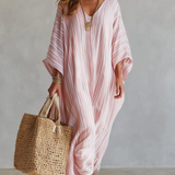 Bohemian-style Soft Pink Striped Kaftan Dress