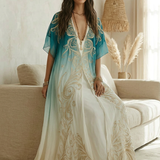Elegant Coastal Breeze Aqua Ombre Kaftan Maxi Dress
