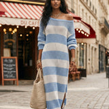 Bohemian Stripe Resort Sky Blue Off-Shoulder Knit Maxi Dress