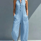 Black Minimalist Faux Linen Button-down Collar Sleeveless Loose-fitting Jumpsuit